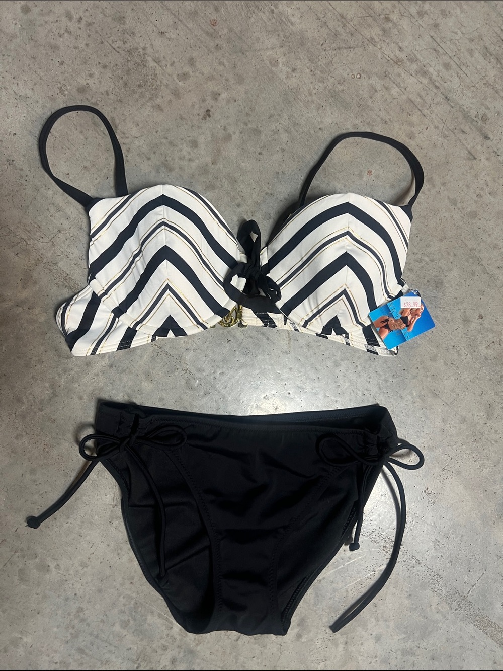 Victoria’s Secret Striped Underwire Bikini Top with Black Tie-Side Bottoms